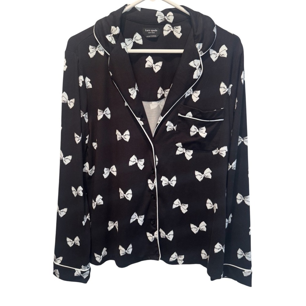 Kate Spade Womens Black Knit Pajama Top Bow Print Button Front Long Sleeve M